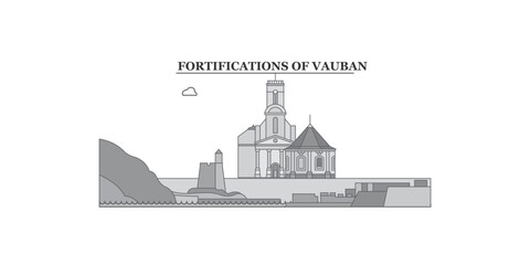 France, Vauban city skyline isolated vector illustration, icons