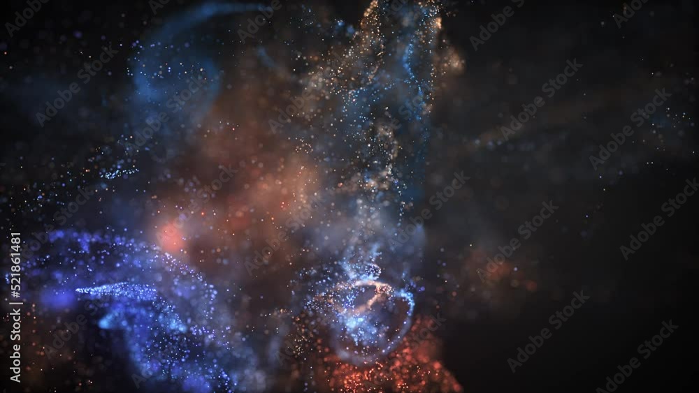 Poster blue and golden fluid particles collision background. digital data flow. creative abstract backgroun
