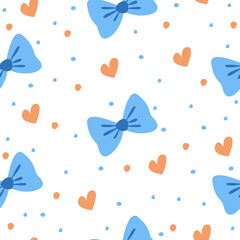 Vector cute seamless pattern with blue bows, hearts and dots. Cartoon wallpaper for nursery, wrapping paper, notebooks