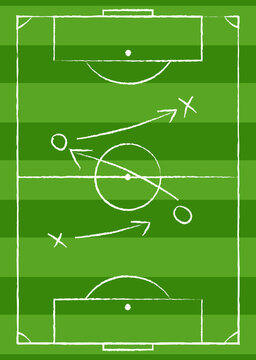 Football strategy, football game tactics, blackboard drawing. Hand drawn soccer match scheme, learning diagram with arrows on chalkboard, sport plan vector illustration.
