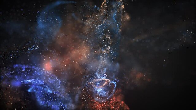 Blue and golden fluid particles collision background. Digital data flow. Creative abstract background. Seamless loop