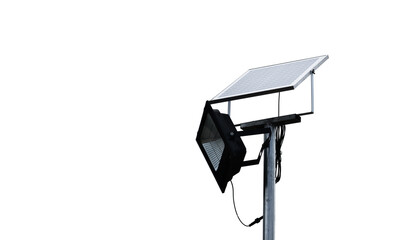 Isolated mini photovoltaic or solar cell panel and floodlight led installed on metal pole with clipping paths.