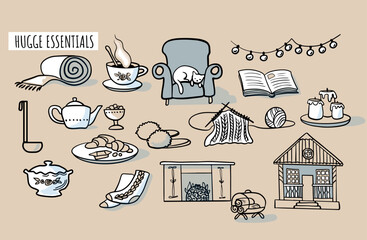 A set of elements on the theme of autumn, cozy home, hugge. A large design collection of colored doodle elements with a stroke and fill. Flat style.