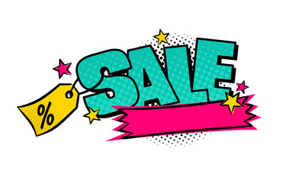 Bright comic logo for Hot sale or discount. Pop art stars and halftones. Element for web design, flyers, banners, coupons, applications and posters. Cartoon Vector illustration