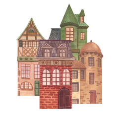 House home cottage cosy building estate painted by watercolor isolated on a white background cartoon set illustration. Hand-drawn cute of architecture suburban old european town.