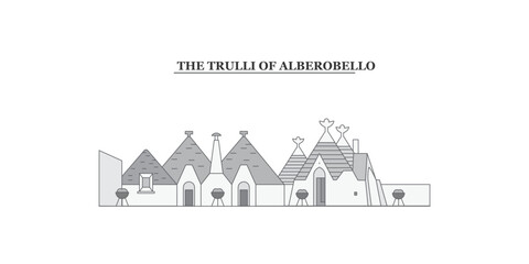 Italy, Alberobello city skyline isolated vector illustration, icons