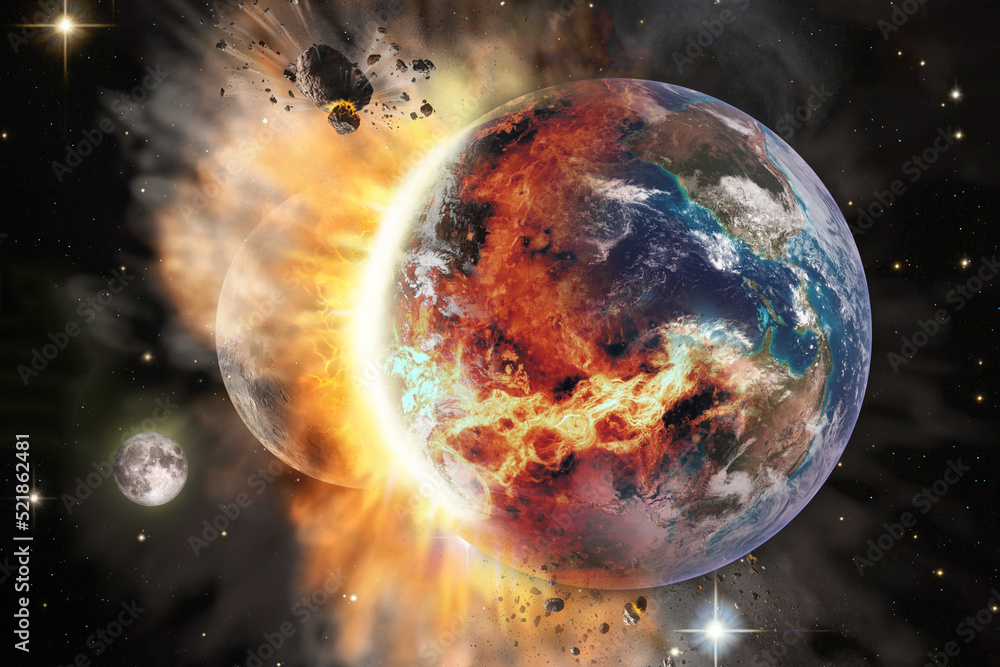 Wall mural collision of a huge meteorite with the planet earth. elements of this image furnished by nasa.