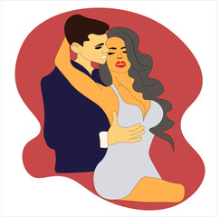 loving couple. The boy loves brunette. husband embraces his wife in white dress, holds her by waist, stands behind her. Vector. Valentine's Day.