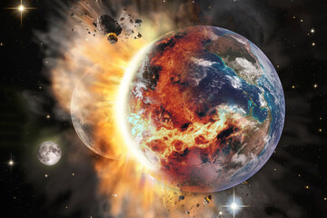 Collision of a huge meteorite with the planet Earth. Elements of this image furnished by NASA.
