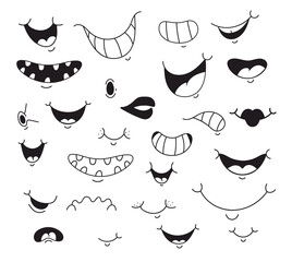 Retro old style mouth face expression characters animation mascot isolated on white background set. Vector design graphic element illustration