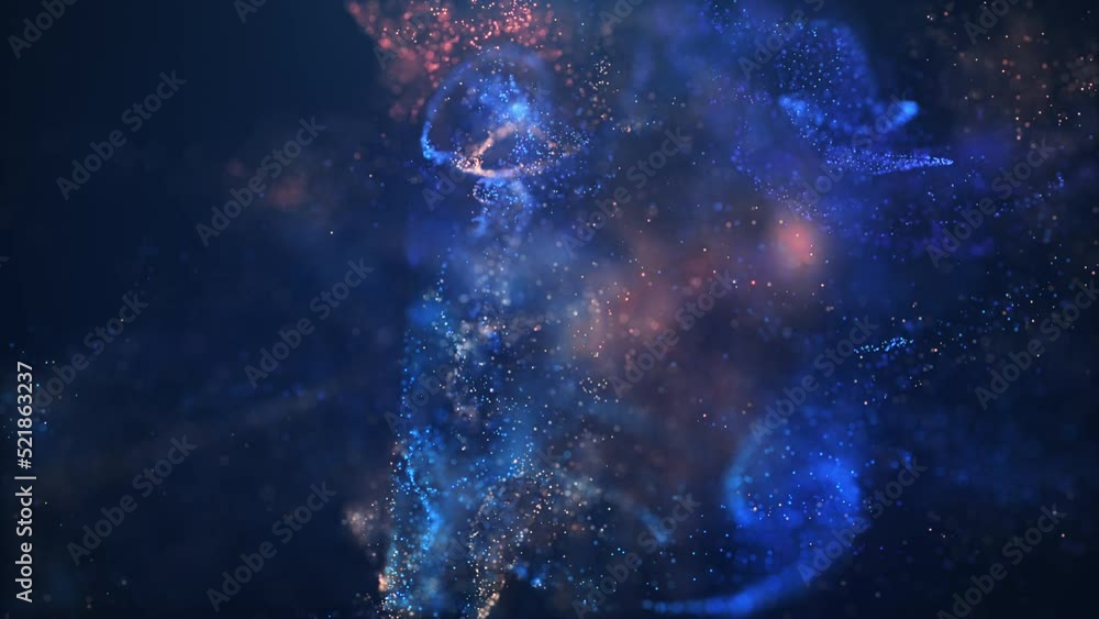 Poster blue and golden fluid particles collision background. digital data flow. creative abstract backgroun
