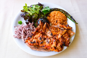 Chicken wings barbeque in a dish with BBQ grill sauce . Izgara tavuk kelebek sis kanat. Tavuk sis, gogus.