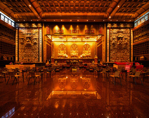 Bangkok, Thailand , July 09, 2022, Fo Guang Shan Thaihua Temple - The main hall in the temple.that have 3 Buddha statues inside the temple.