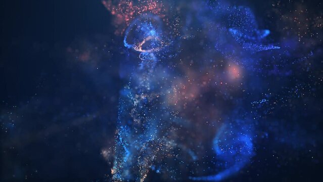 Blue and golden fluid particles collision background. Digital data flow. Creative abstract background. Seamless loop