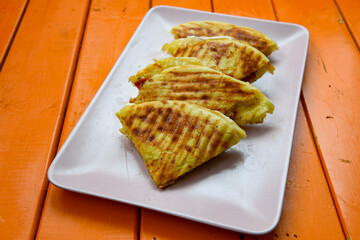 Turkish  bazlama toast - flat baked bread toasted. Bazlama, Karisik tost