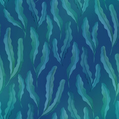 Seamless pattern with marine plants, leaves and seaweed. Hand drawn marine flora in watercolor style