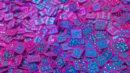 Abstract multicolored digital background with heap of small stylized NFT tokens made of colored plastic