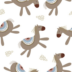 Seamless pattern with cute horses in boho style. Vector illustration isolated on white background for your design