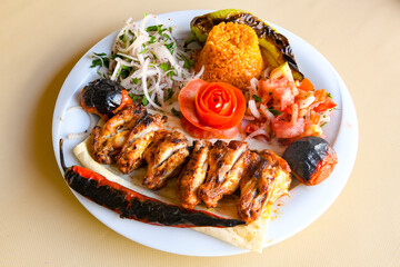 Chicken wings barbeque in a dish with BBQ sauce . Izgara tavuk sis kanat.