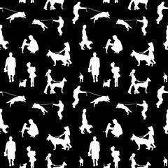 Fototapeta na wymiar Seamless pattern of pet and owners holding or walking a dog, Barkitecture concepts black and white