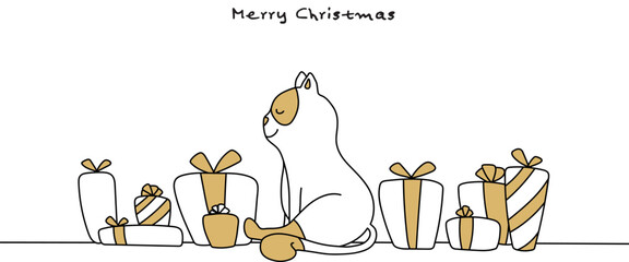 Merry Christmas - Geschenkkarte, Katze sitzt glücklich zwischen Geschenken, gold, Banner