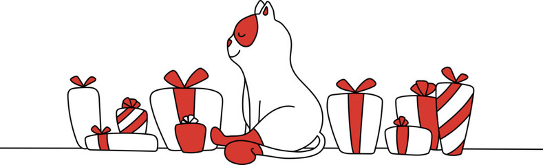 Geschenkkarte, Katze sitzt glücklich zwischen Geschenken, rot, Banner