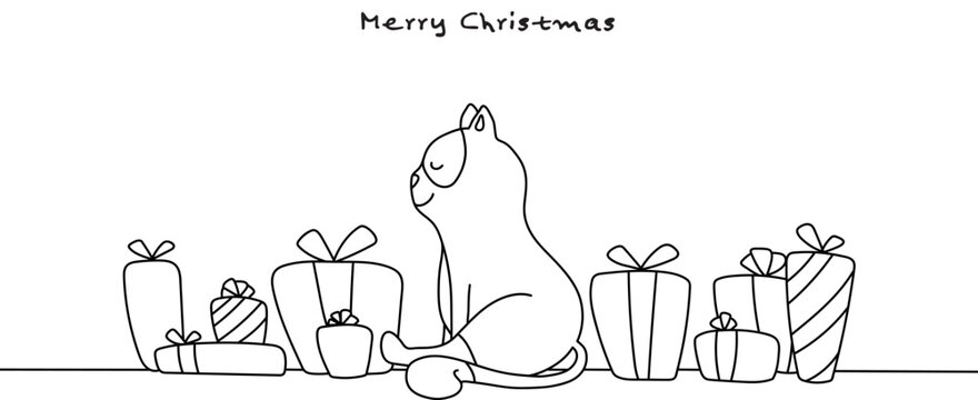 Merry Christmas - Geschenkkarte, Katze sitzt glücklich zwischen Geschenken, Outline, Banner