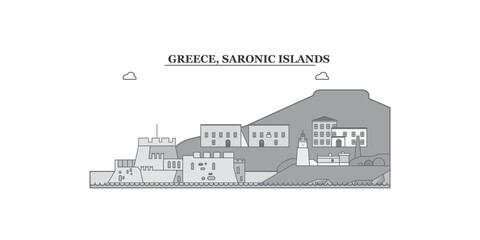 Greece, Saronic Islands city skyline isolated vector illustration, icons - obrazy, fototapety, plakaty