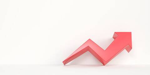 Red arrow graph on a white background. An increase in profits, and investment growth or a rising stock chart. with copy space. 3D rendering illustration