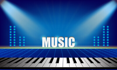 Fototapeta na wymiar keyboard piano and stage vector with spotlight set stage lights and blue background
