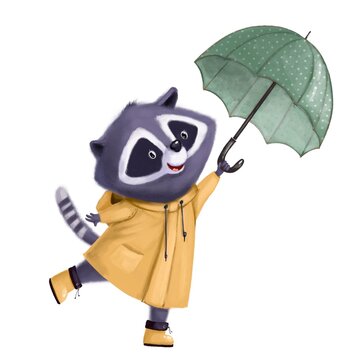 cute raccoon in raincoat with umbrella, watercolor illustration, autumn clipart with cartoon character