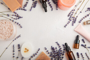 Lavender spa. Sea salt, lavender flowers, body scrub and cream and handmade soap. Natural herbal...