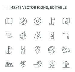 Simple vector line icons. On the topic of geolocation
 contains icons such as location, map, map pin, route and more.