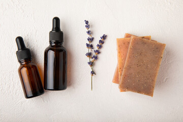 Lavender spa. Lavender flowers, handmade soap and essential oils. Natural herbal cosmetics with...