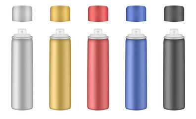 Aluminium tube for hairspray, air freshener container, thermal water spray bottle. Silver, gold, red, blue and black bottles. Realistic cosmetic mockup of aerosol deodorant or dry shampoo
