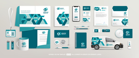 Brand Identity Mock-Up of stationery set with  abstract geometric design. Business office stationary mockup template of File folder, annual report, van car, brochure, corporate mug - obrazy, fototapety, plakaty