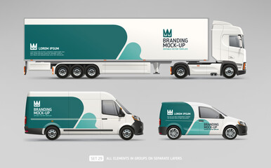Truck Trailer, Cargo Van, Freight Car with abstract brand identity design - realistic mock-up set. Abstract geometric graphics design for company branding on delivery Transport. Editable Vector Mockup