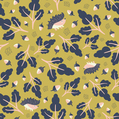 Fototapeta premium Cute vector spiky, prickly, hedgehog, acorn and oak leaves. Cartoon kawaii mammal and fall foliage seamless pattern on textured flecked backdrop. Nature forest creatures and fauna repeat for kids