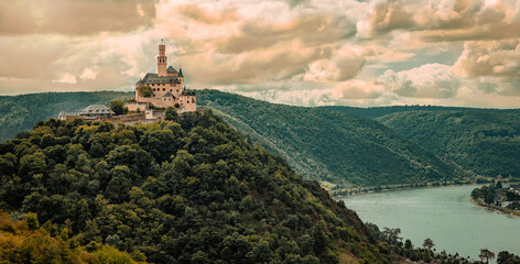 View of the Marksburg and the Rhine Valley nature landscape Travel Germany UNESCO World Heritage Upper Middle Rhine 