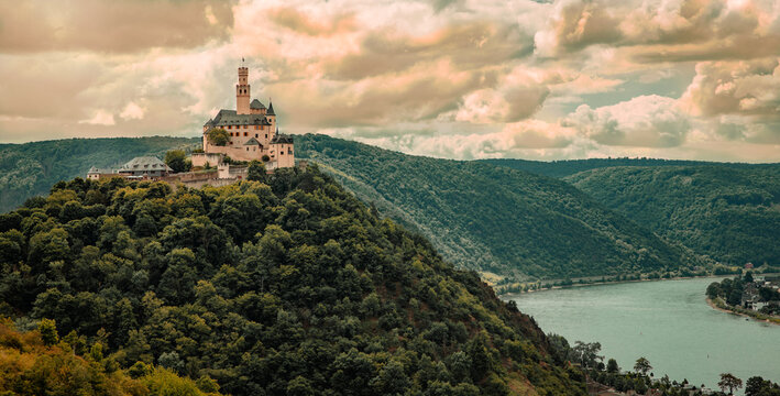 View of the Marksburg and the Rhine Valley nature landscape Travel Germany UNESCO World Heritage Upper Middle Rhine 