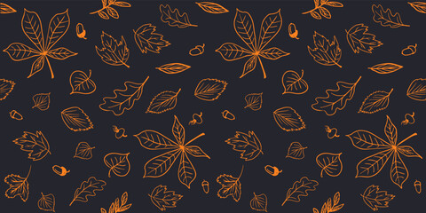 Autumn leaves dark seamless pattern. Oak, birch, chestnut, linden, rowan, rosehip, elm vector fall leaves  on blue background for infographic, wallpaper, package, textile design. - obrazy, fototapety, plakaty
