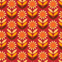Fototapeta na wymiar Seamless Autumn Pattern, Flowers in Warm Colours, Scrapbooking, Retro Design, Wall Paper, Decoration