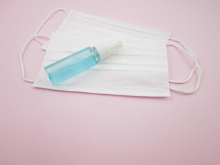   Surgical mask and hand sanitizer gel for prevention of coronavirus corona virus, hand hygiene spread protection.   