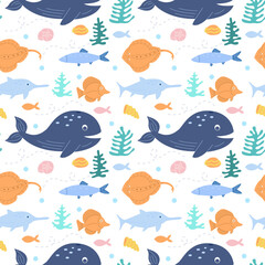 Naklejka na ściany i meble Cute fish, corals and shells. Ocean life and the underwater world. Seamless pattern. Can be used for web page background fill, surface texture