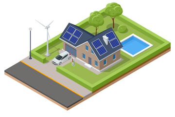 Isometric Modern House with Solar Panels and Wind Turbines. Green Eco House. Energy Effective House