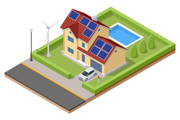 Isometric Modern House with Solar Panels and Wind Turbines. Green Eco House. Energy Effective House