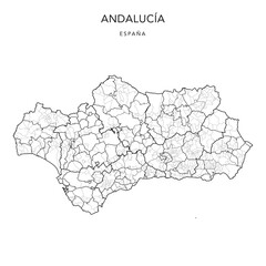 Geopolitical Vector Map of the Autonomous Community of Andalusia (Andalucía) with Provinces, Judicial Areas, Comarques and Municipalities (Municipios) as of 2022 - Spain - obrazy, fototapety, plakaty