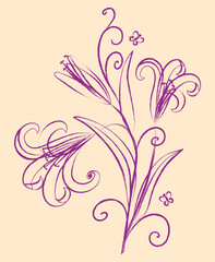 Contour drawing of fantasy lilies flowers  bunch with tendrils