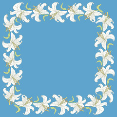 Decorative card with border from drawn white garden lilies