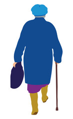 Vector drawing of silhouette senior woman with cane and bag walking outdoors